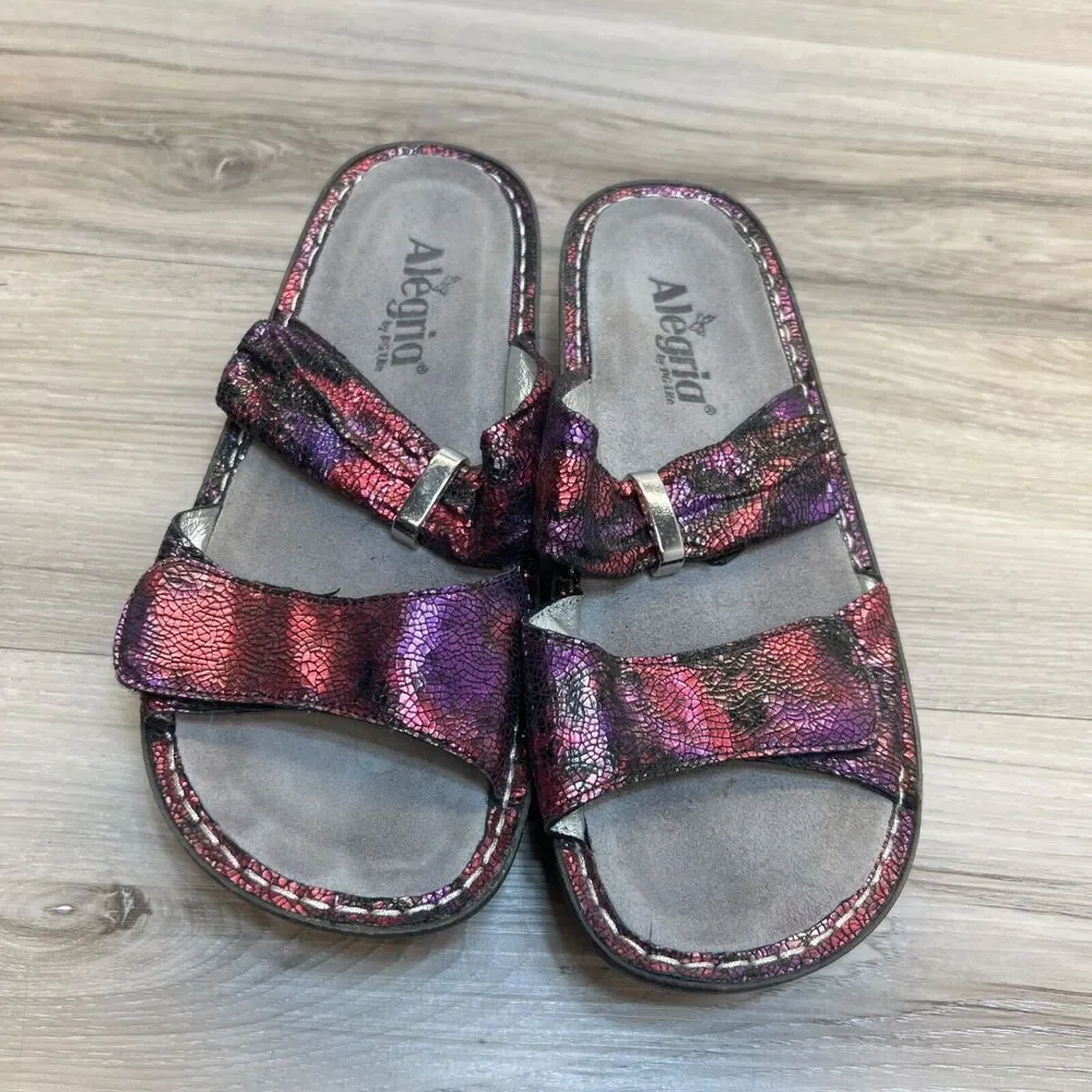Alegria Karmen KAR-235 EU 37 7 -7.5  Pink‎ Purple Metallic Leather Slide Sandals